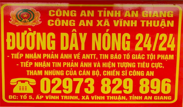 Đường dây nóng công an xã Vĩnh Thuận, tỉnh An Giang