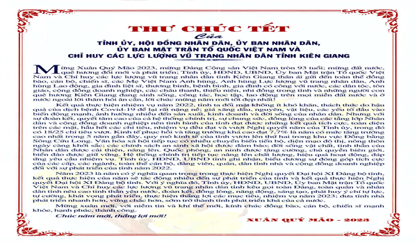 Thư chúc Tết của Tỉnh ủy, HĐND, UBND, UBMTTQVN và Chỉ huy các LLVT Nhân dân tỉnh Kiên Giang